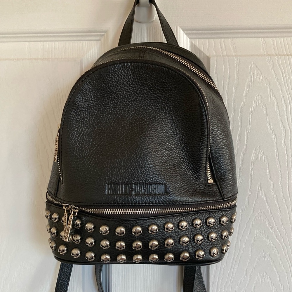 Harley Davidson Black Leather Skull Backpack Y2K